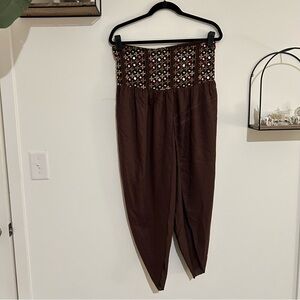 Earthbound Brown Embroidered Elastic Waist Harem Pants Size Medium